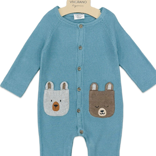 Bear Embroidered Pocket Sweater Knit Baby Jumpsuit (Organic Cotton)