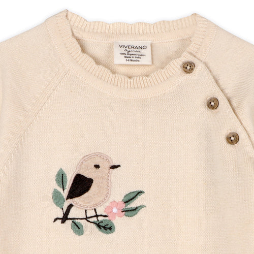 Bird & Floral Embroidered Baby Knit Jumpsuit Detail Top (Organic Cotton)